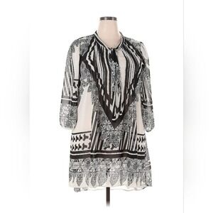 Ice Silk Tunic Blouse Women 1XL Black White Boho Geometric Chiffon Tie Neck